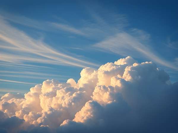 夕陽に照らされた積乱雲と青空