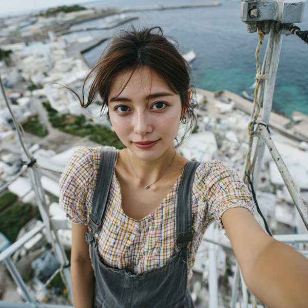 海辺の街を見下ろして自撮りする女性