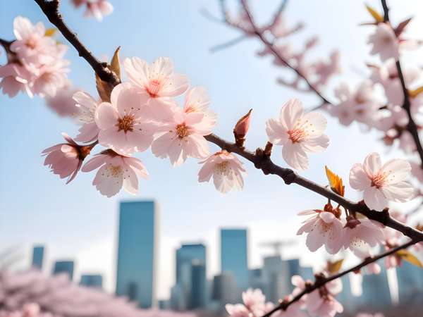 都会のビル群を背景にした美しい桜の花