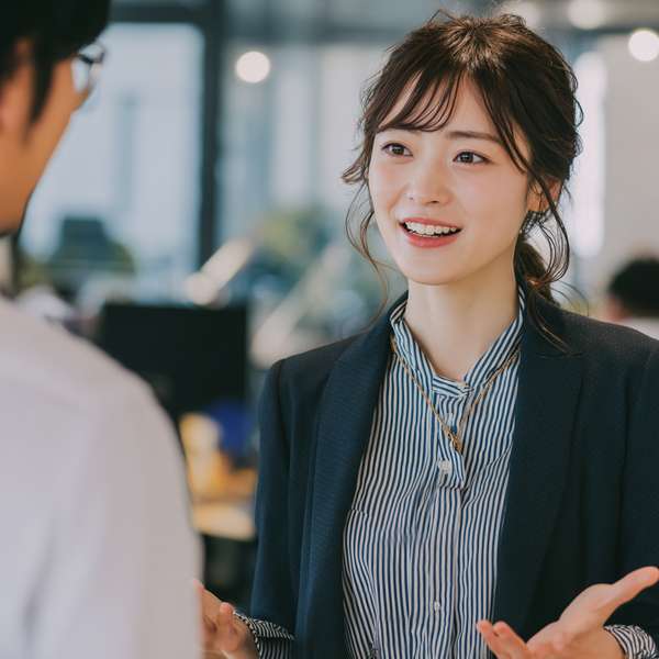 オフィスで会話する笑顔の女性ビジネスパーソン