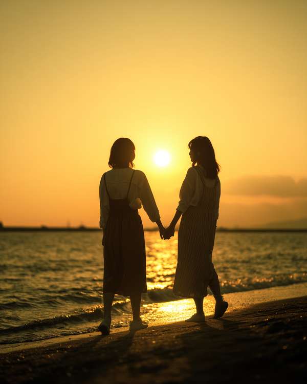 夕暮れの海岸で手を繋ぐ二人の女性