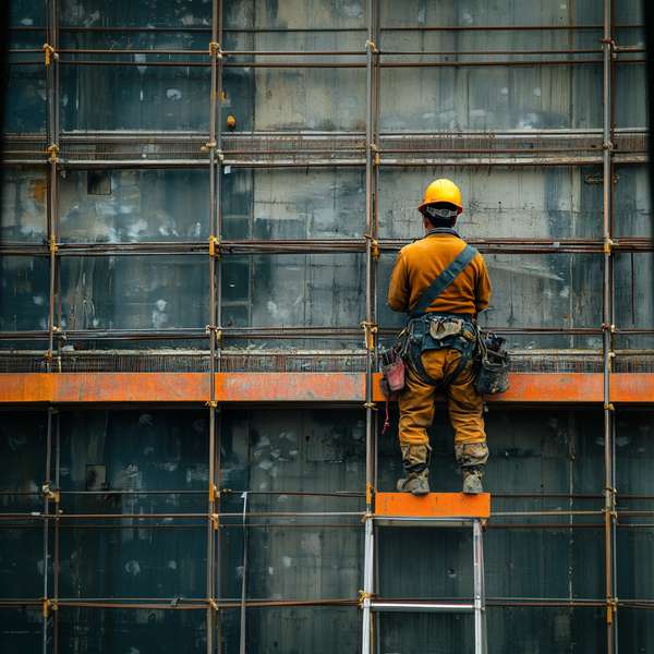 建設現場で足場に立つ作業員