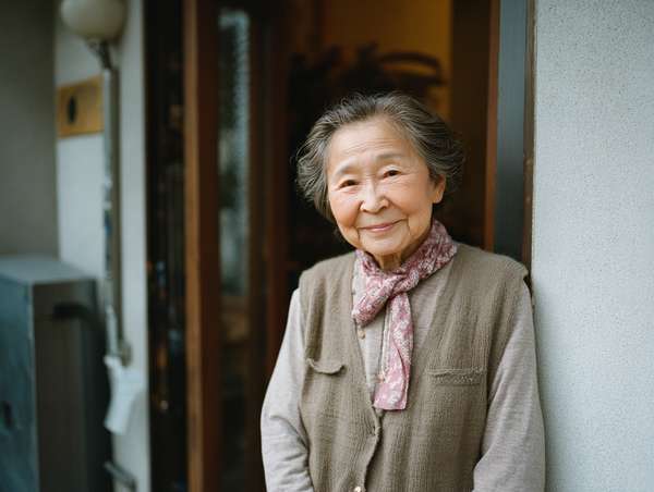 玄関で微笑む優しい高齢女性