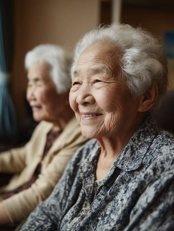 笑顔で寄り添う幸せそうな高齢女性たち