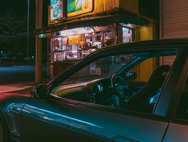 夜の屋台前に佇むスポーツカーの車内