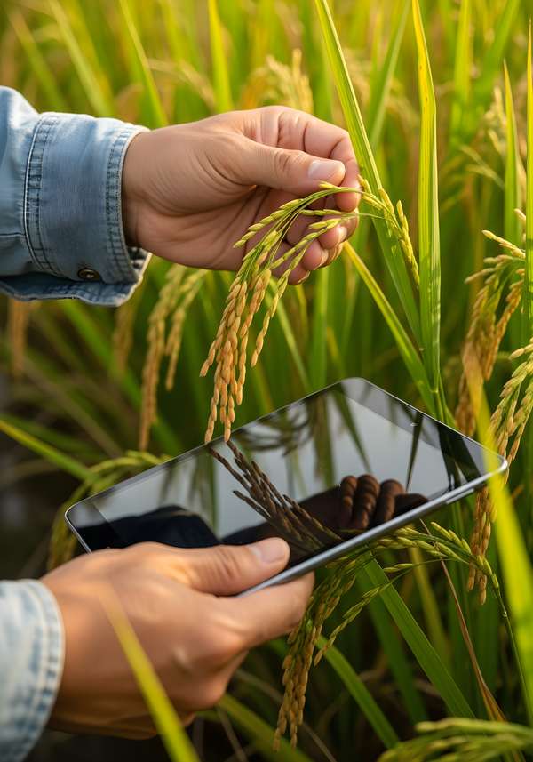 スマート農業で稲の成長を確認する農家