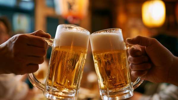 居酒屋でビールジョッキで乾杯する人々