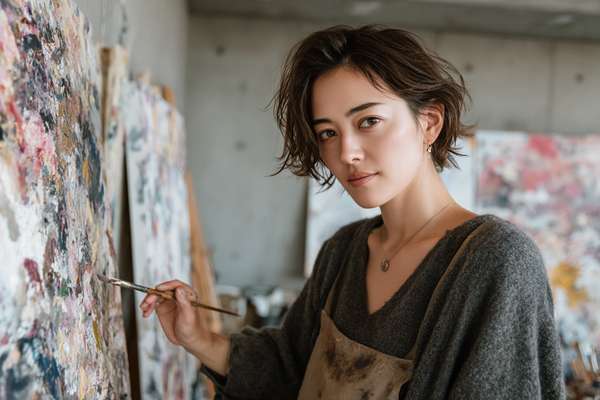 アトリエで絵画を制作する女性アーティスト