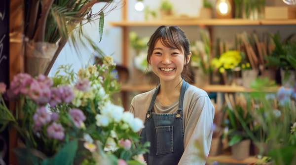 花屋で働く笑顔の女性