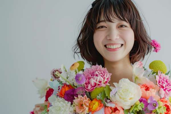 花に囲まれて微笑む若い女性