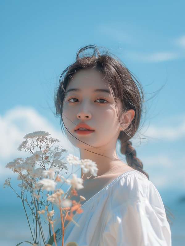 青空の下で白い花束を持つ美しい女性