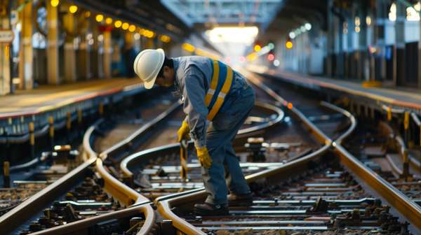 線路を点検する鉄道作業員