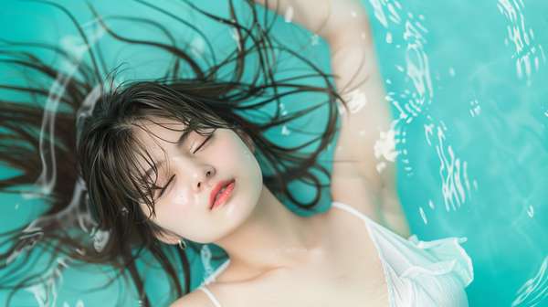 プールに浮かぶリラックスした女性