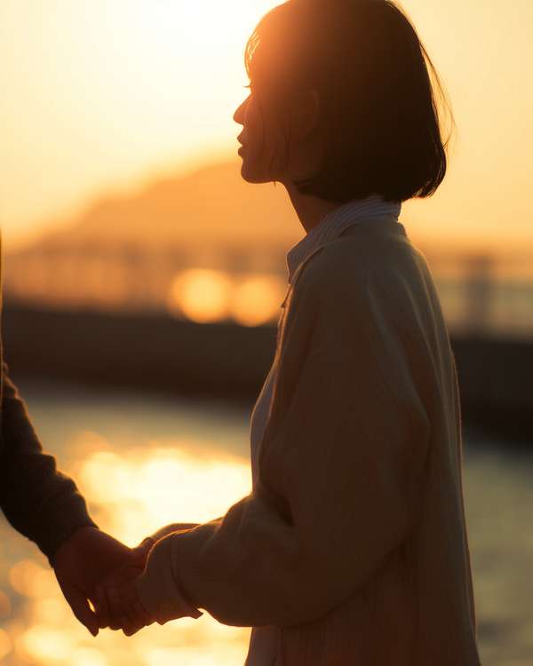 夕暮れ時に手を取り合うカップル