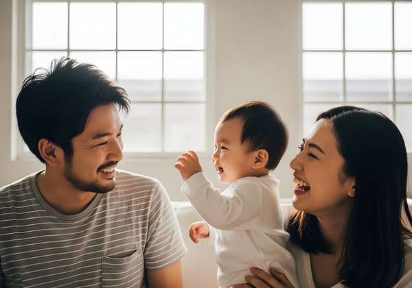 リビングで赤ちゃんと笑い合う幸せな家族