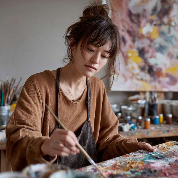 アトリエで絵画を制作する若い女性アーティスト