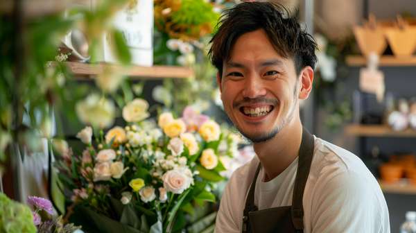 花屋で働く笑顔の男性店員