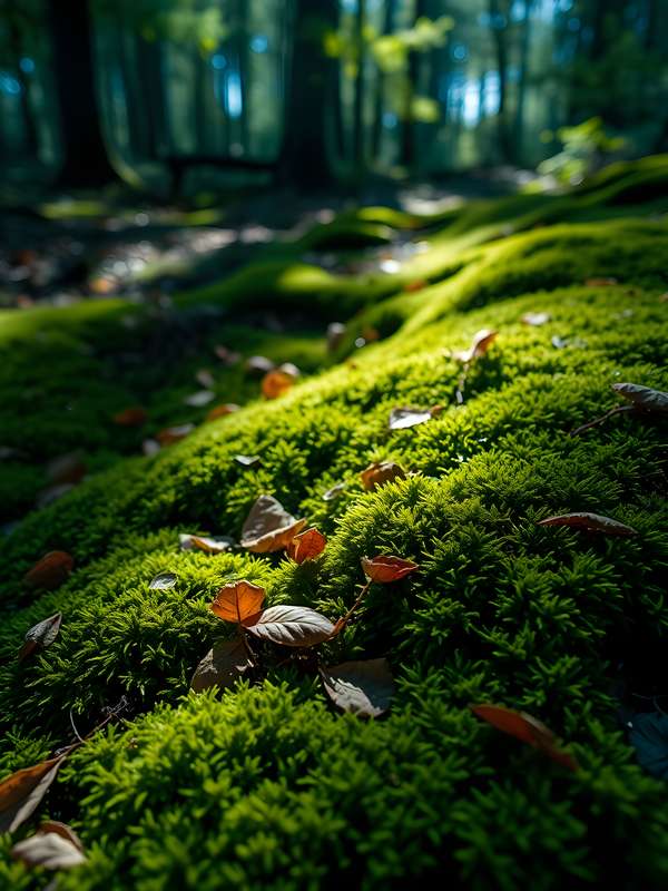 森の地面を覆う鮮やかな苔と落ち葉