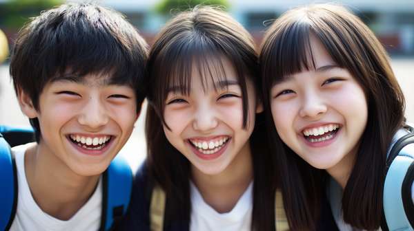 笑顔で仲良く並ぶ学生たち