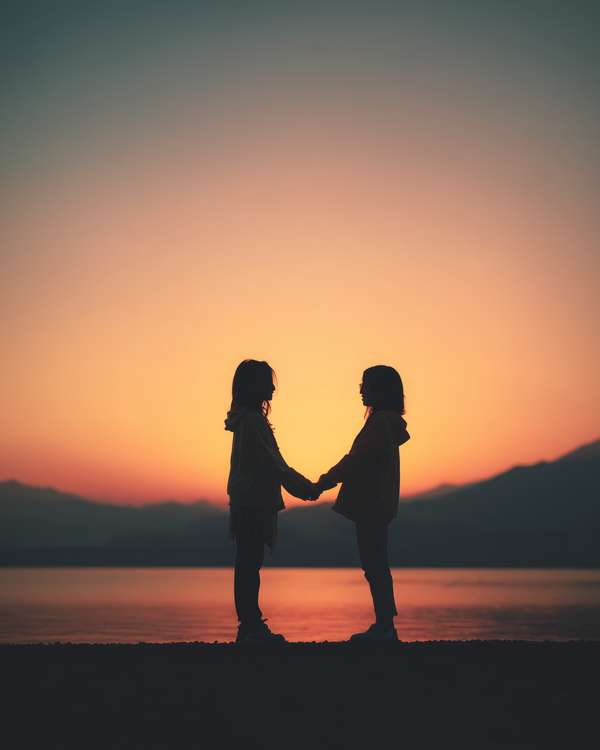 夕暮れ時に手をつなぐ二人のシルエット