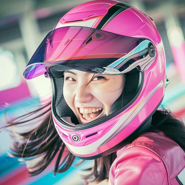ピンクのヘルメットを被り笑顔で微笑む女性