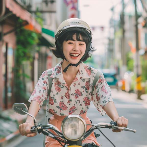 バイクで街を走る笑顔の女性