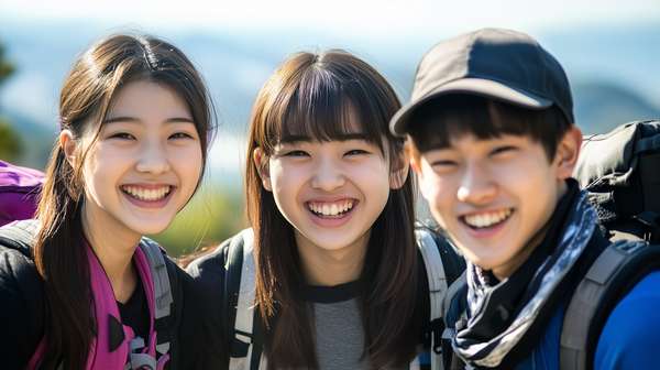 ハイキングを楽しむ楽しそうな3人の男女
