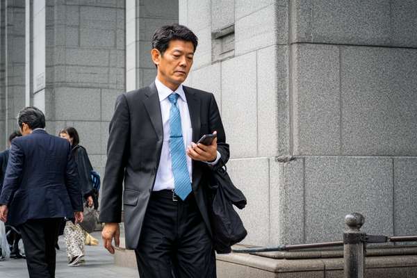 スマートフォンを見ながら歩く日本のビジネスマン