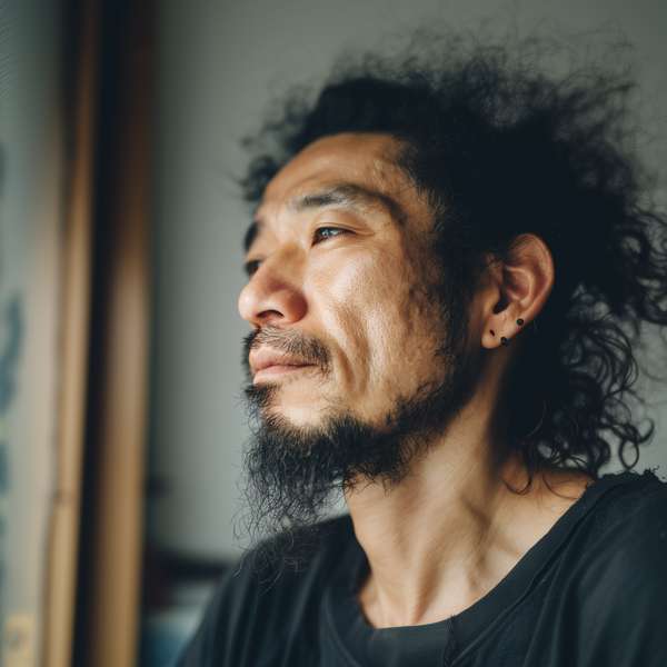 窓辺で物思いにふける髭の男性