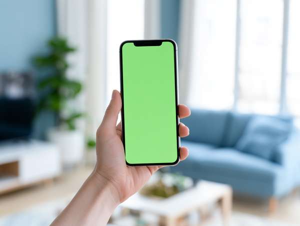 リビングでスマホを持つ手（グリーンバック）