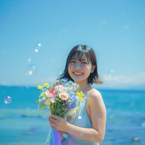 青い海と空を背景に花束を持つ笑顔の女性