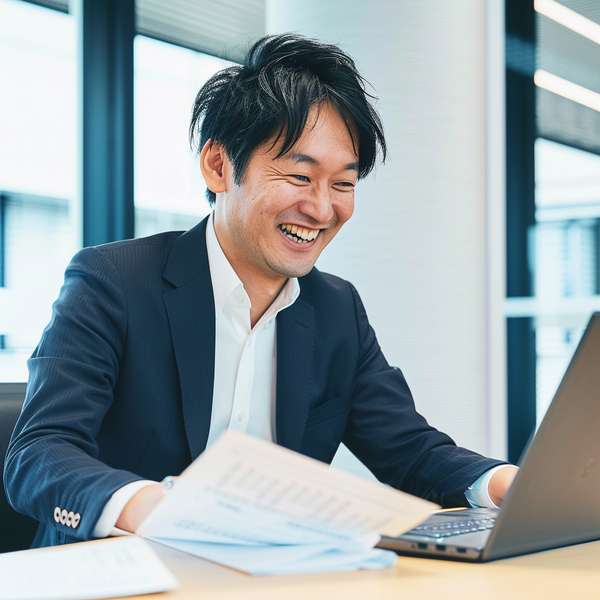 オフィスでパソコン作業をする笑顔のビジネスマン