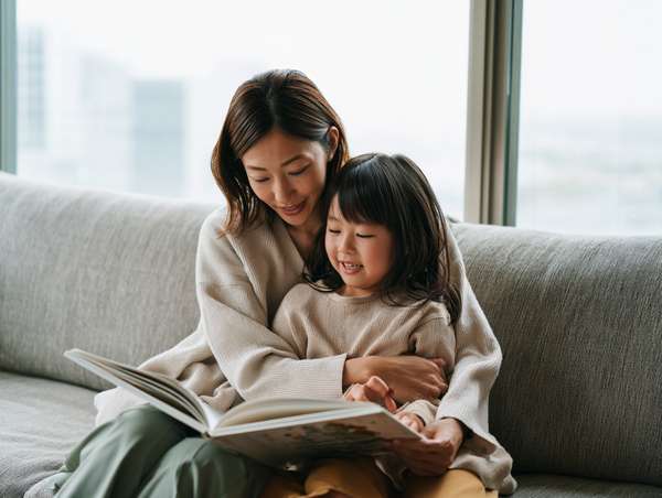 ソファで絵本を読む母と娘
