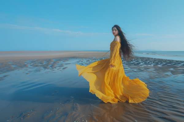 黄色のドレスで浜辺を歩く女性