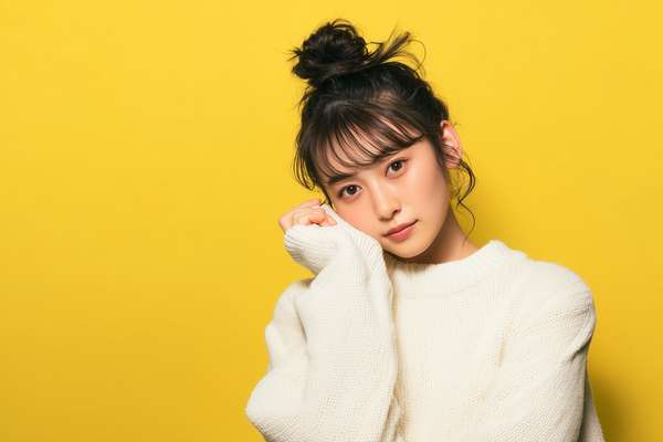 黄色い背景の若い女性ポートレート