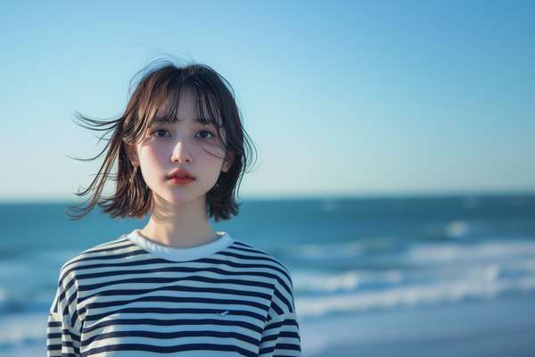 海辺で風に吹かれる自然体な女性のポートレート