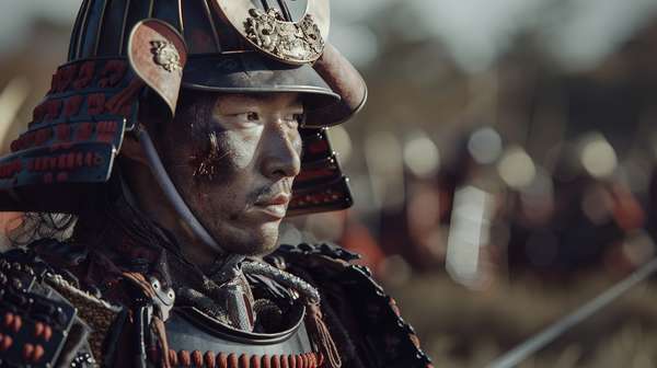 戦場を見つめる甲冑をまとった武士