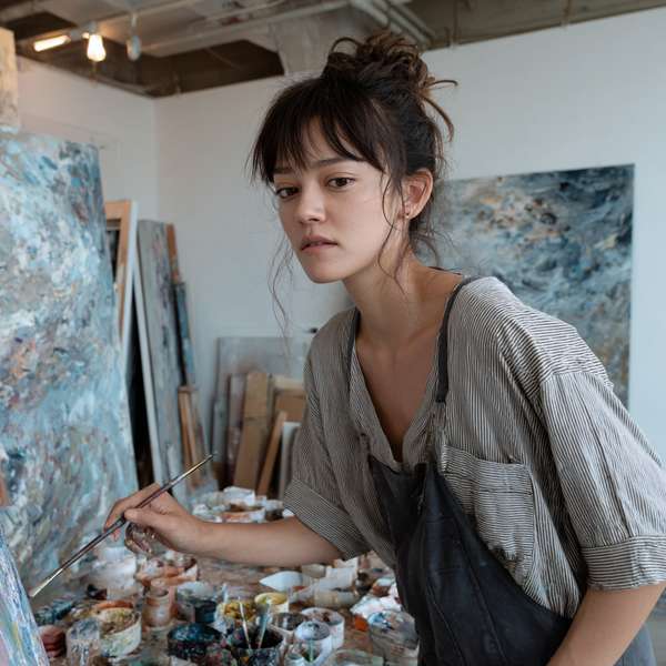 アトリエで絵画を制作する若い女性アーティスト