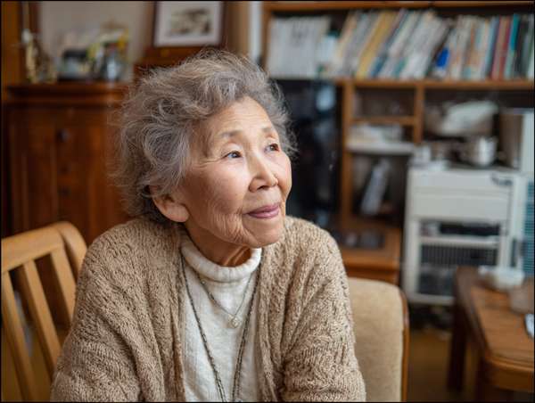 室内で微笑む穏やかな高齢の日本人女性