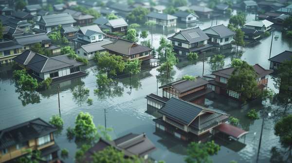 洪水で浸水した日本の住宅街