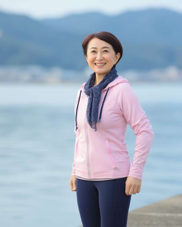 海辺で微笑むスポーティな女性