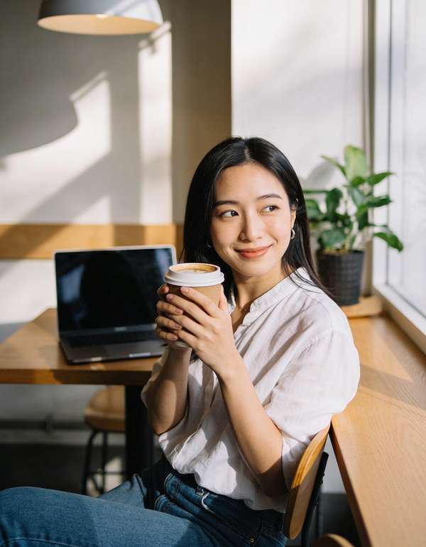 カフェでコーヒーを片手に窓の外を見つめる女性