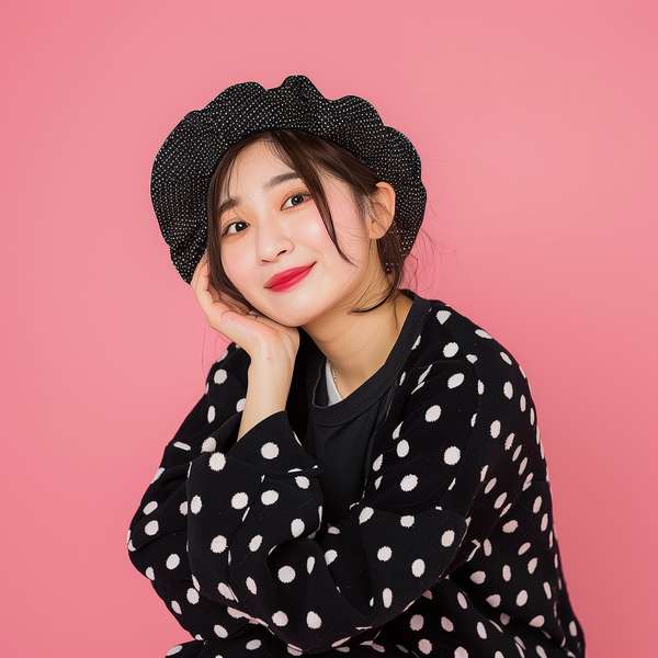 水玉模様の服を着てポーズをとる笑顔の女性