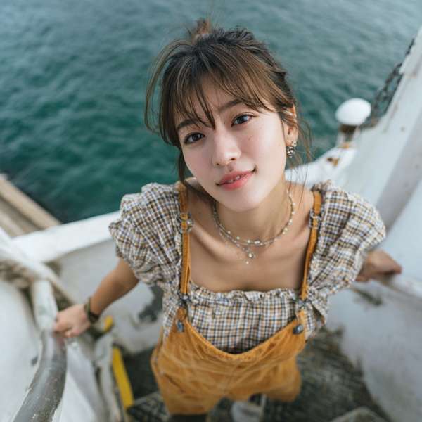 船上で微笑むナチュラルな女性