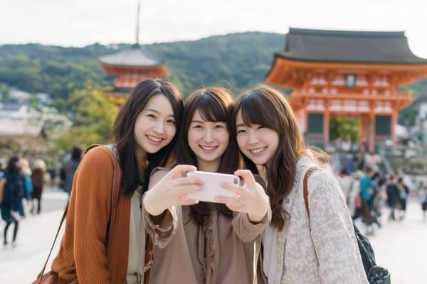 清水寺を背景に自撮りをする3人の女性