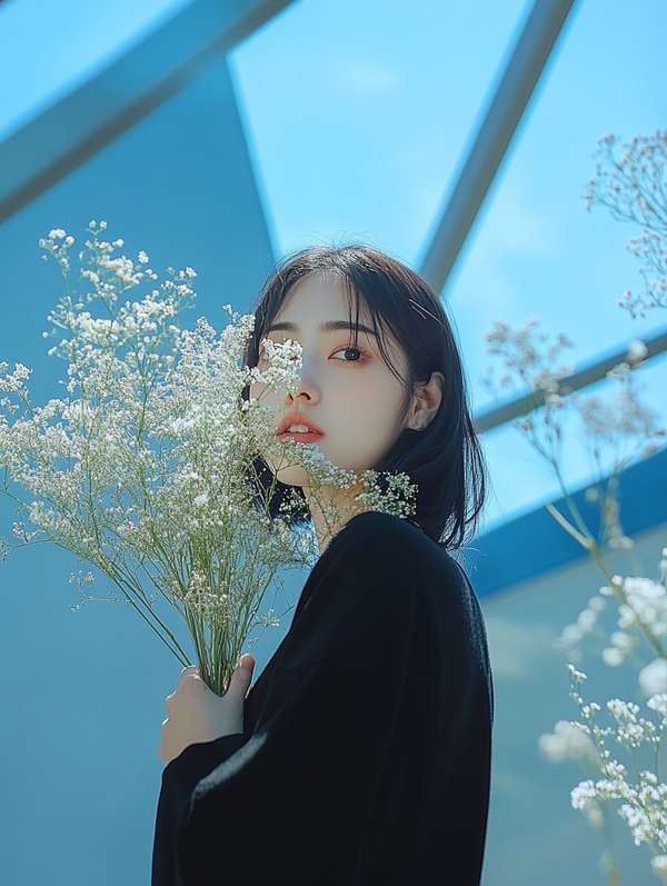かすみ草と可憐な女性のポートレート