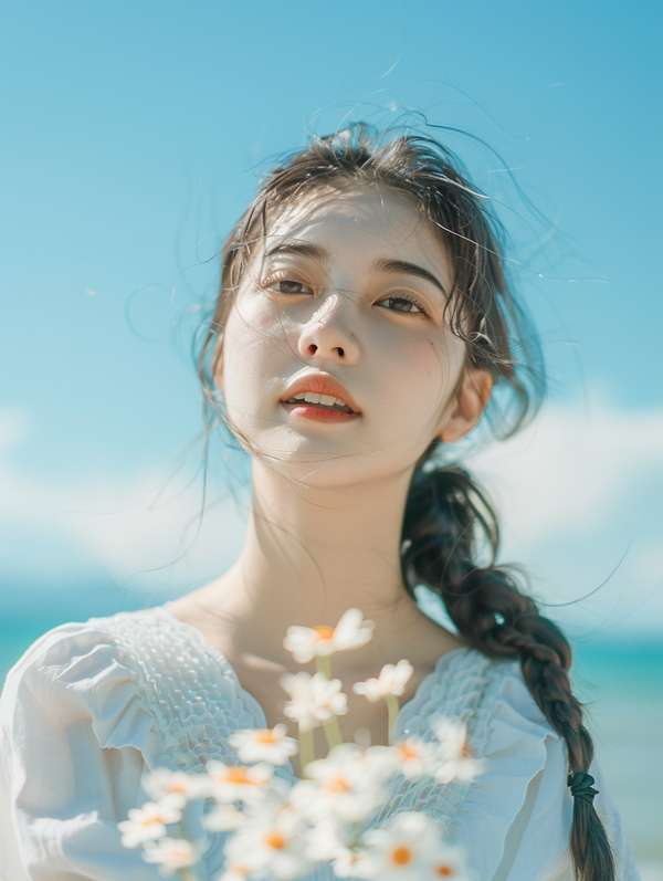 青空の下、花束を持つ女性のポートレート