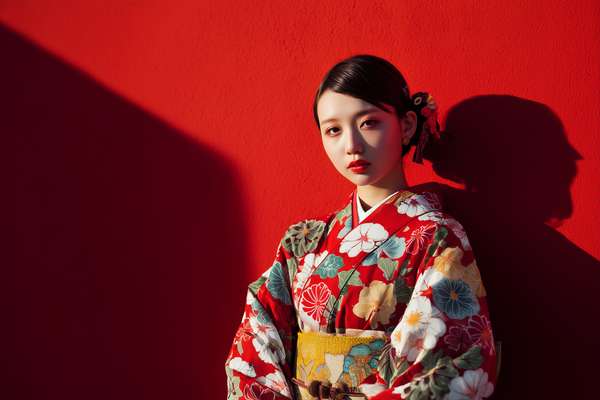 赤い壁を背景にした着物姿の美しい日本人女性