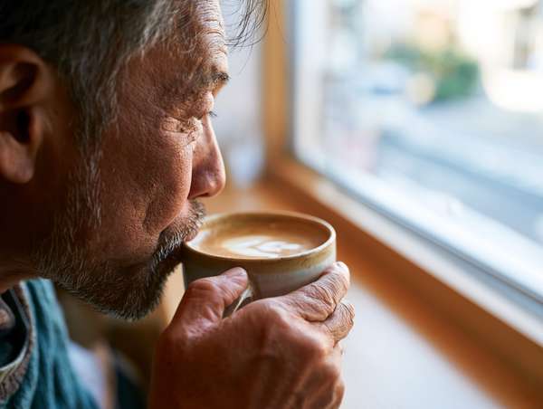 窓辺でコーヒーを楽しむシニア男性