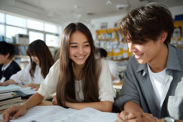 教室で勉強する幸せそうな学生たち